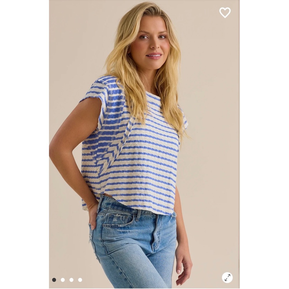Altar'd State Royel Striped Tee Blue White Cap Sleeve Raw Seam Top Small